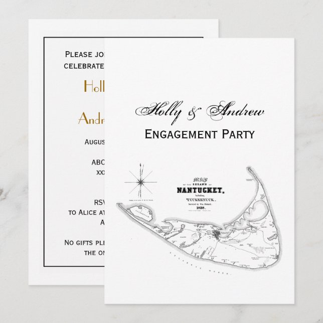 Nantucket Island MA Vintage Map Black Invitation (Front/Back)