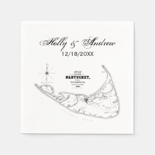 Nantucket Island MA Vintage Map Black Paper Napkins