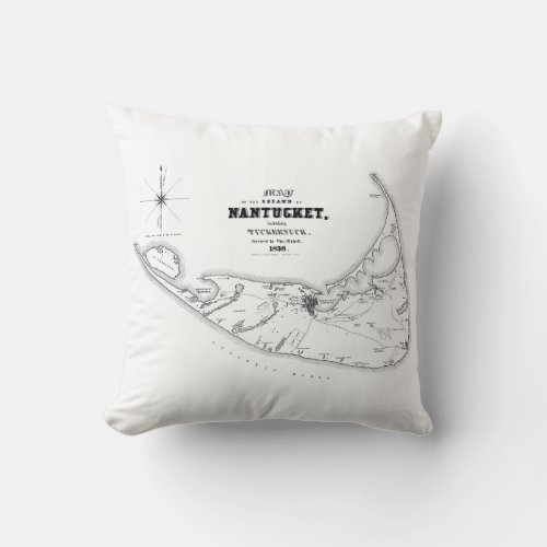 Nantucket Island MA Vintage Map Black Throw Pillow