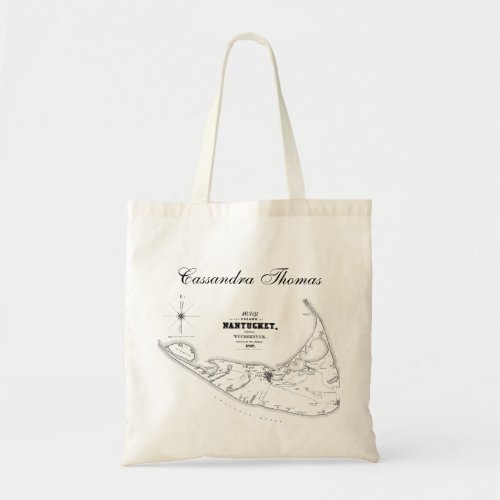 Nantucket Island MA Vintage Map Black Tote Bag