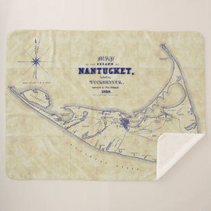 Nantucket Island MA Vintage Map Distress Navy Blue Sherpa Blanket