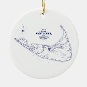 Nantucket Island MA Vintage Map Navy Blue Ceramic Ornament