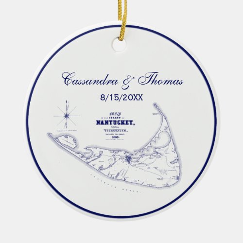 Nantucket Island MA Vintage Map Navy Blue Ceramic Ornament