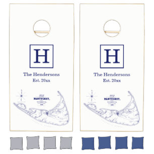 Nantucket Island MA Vintage Map Navy Blue Delinked Cornhole Set