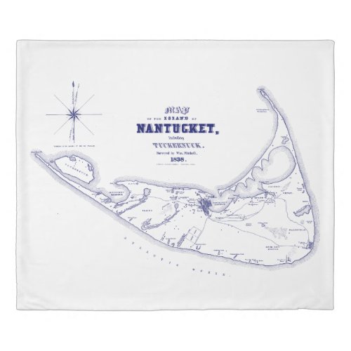 Nantucket Island MA Vintage Map Navy Blue Duvet Cover