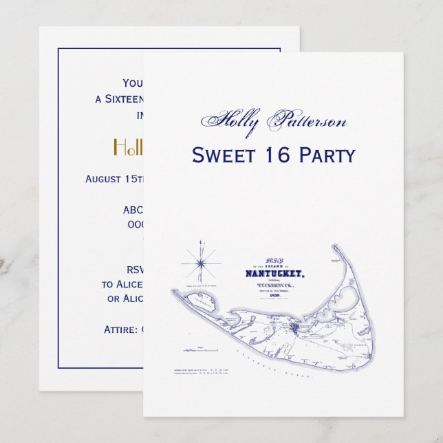 Nantucket Island MA Vintage Map Navy Blue Invitation (Front/Back)