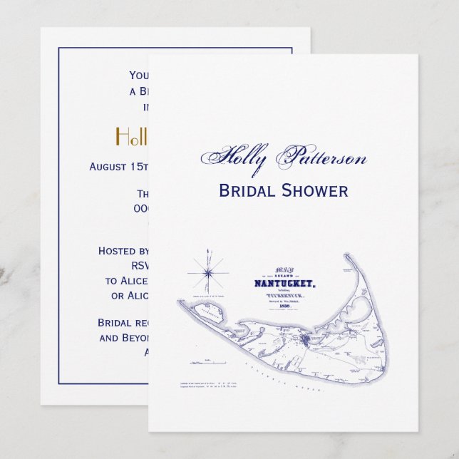 Nantucket Island MA Vintage Map Navy Blue Invitation (Front/Back)