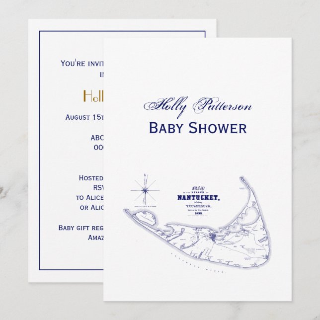 Nantucket Island MA Vintage Map Navy Blue Invitation (Front/Back)