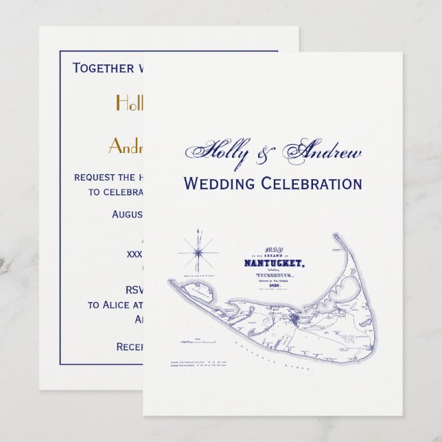 Nantucket Island MA Vintage Map Navy Blue Invitation (Front/Back)