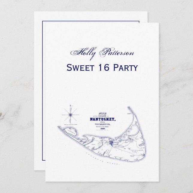 Nantucket Island MA Vintage Map Navy Blue Invitation (Front/Back)