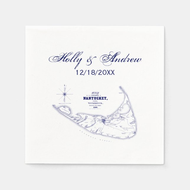 Nantucket Island MA Vintage Map Navy Blue Napkins (Front)