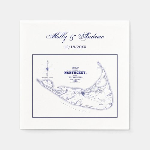 Nantucket Island MA Vintage Map Navy Blue Napkins