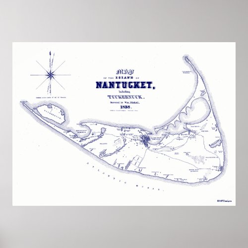 Nantucket Island MA Vintage Map Navy Blue Poster