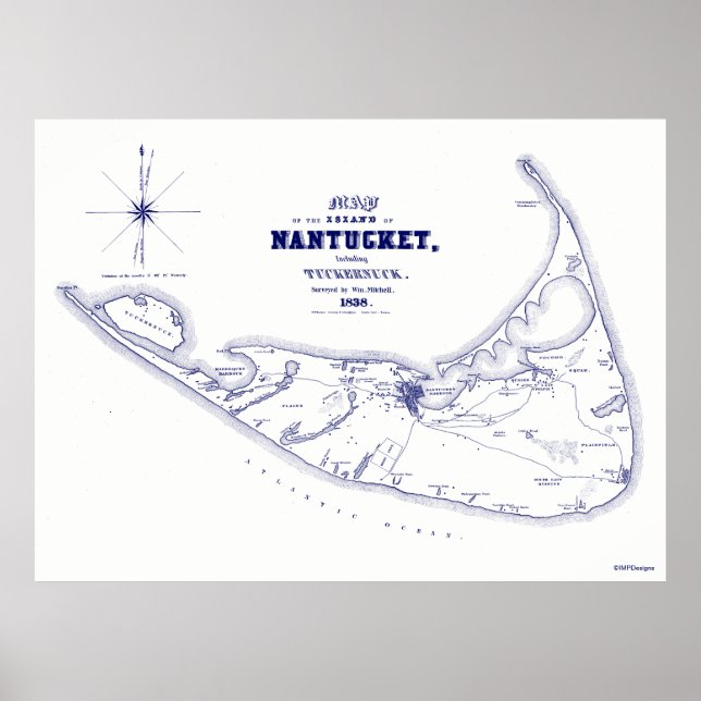 Nantucket Island MA Vintage Map Navy Blue Poster (Front)