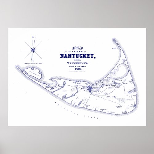 Nantucket Island MA Vintage Map Navy Blue Poster