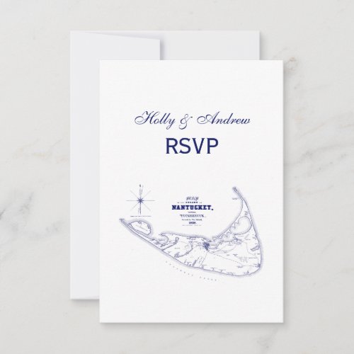 Nantucket Island MA Vintage Map Navy Blue RSVP Card