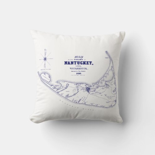 Nantucket Island MA Vintage Map Navy Blue Throw Pillow