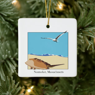 Nantucket, MA Horseshoe Crab Seagull Beach Ceramic Ornament