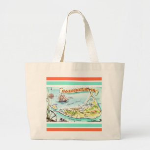 Nantucket MA Illustrated Map Postcard Large Tote Bag