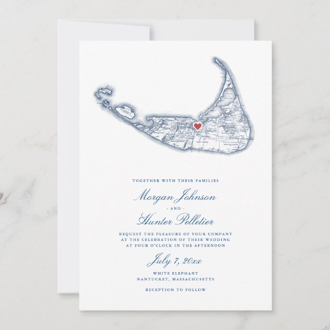 Nantucket MA Map Elegant Navy Blue Wedding Invitation (Front)