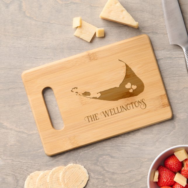 Nantucket Map Choice of Hearts, Stars Family Name Engraved Cutting Board (Cheese)