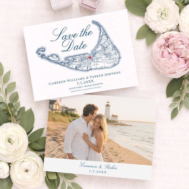 Nantucket Map Elegant Navy Blue Wedding Save The Date (Nantucket Map Save the Date for a White Elephant Wedding in elegant navy blue by Coastal Map Designs)