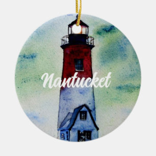 Nantucket Massachusetts Lighthouse Watercolor Ceramic Ornament