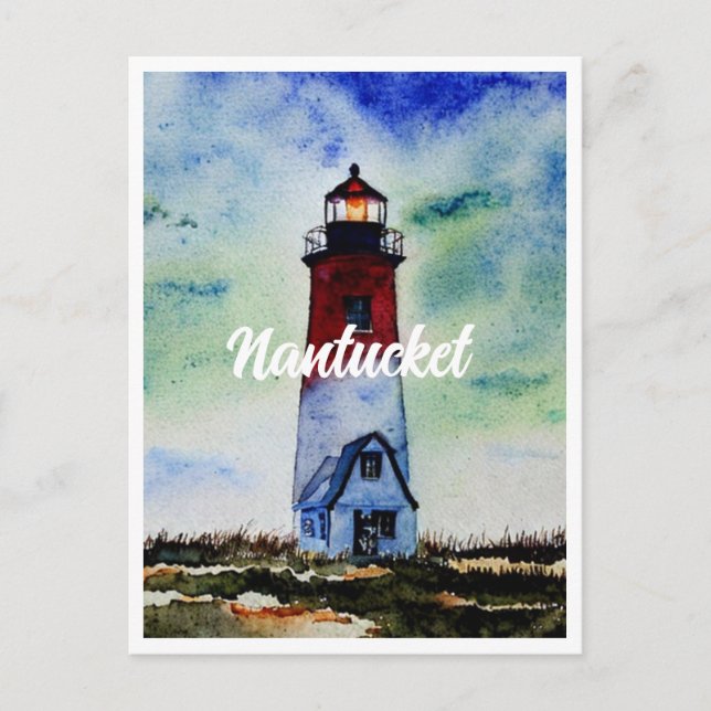 Nantucket Massachusetts Lighthouse Watercolor Holiday Postcard (Front)