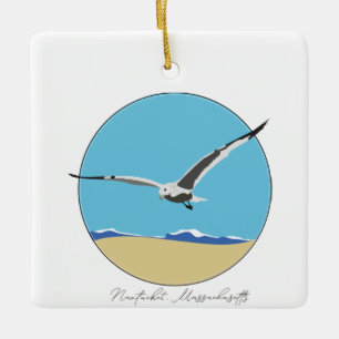 Nantucket, Massachusetts Sea Gull over Beach Ceramic Ornament