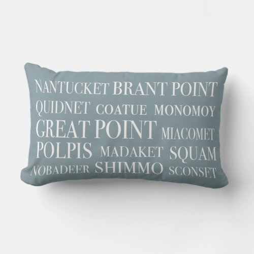 Nantucket Place Names Blue Hazelnut  White Lumbar Pillow