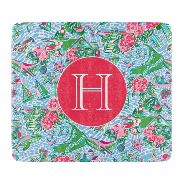 Nantucket Preppy Palm Beach Pattern Monogrammed Cutting Board (Front)