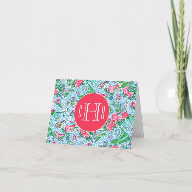 Nantucket Preppy Palm Beach Pattern Monogrammed Letterpress Thank You Card (Front)