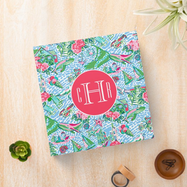 Nantucket Preppy Palm Beach Print Monogrammed 3 Ring Binder (In Situ)