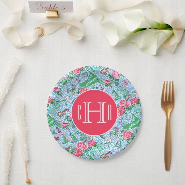 Nantucket Preppy Palm Beach Print Monogrammed Paper Plates (Wedding)