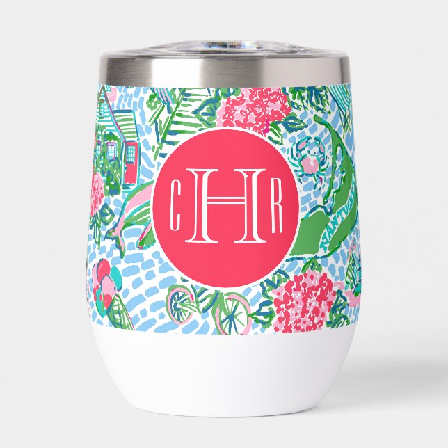 Nantucket Preppy Palm Beach Print Monogrammed Thermal Wine Tumbler (Front)