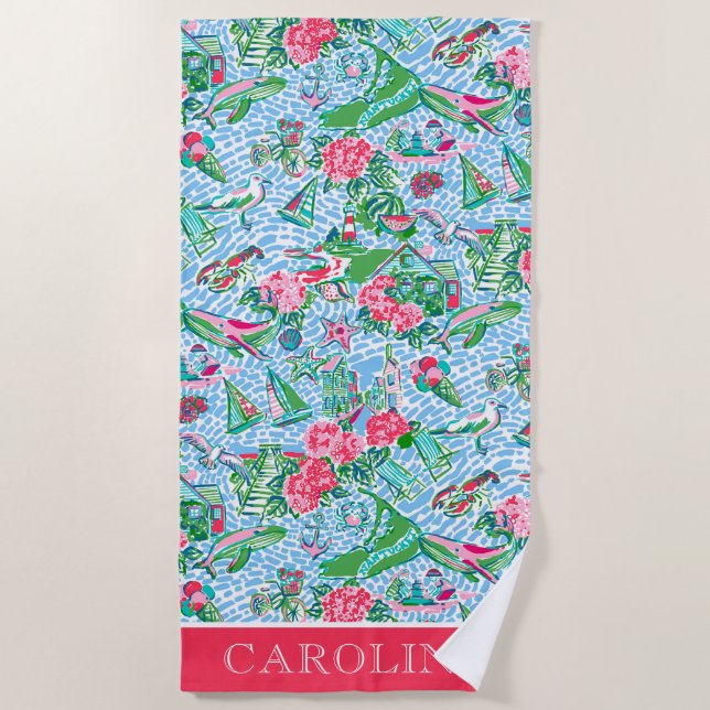 Nantucket Preppy Palm Beach Print Personalized Beach Towel (Front)