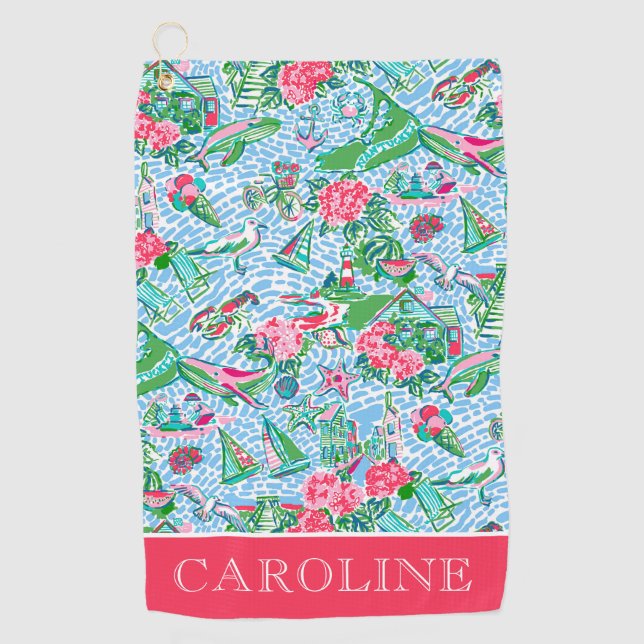 Nantucket Preppy Palm Beach Print Personalized Golf Towel (Front)