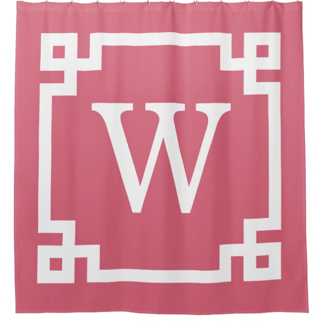Nantucket Red Wt Greek Key #2 Framed Init Monogram Shower Curtain (Front)