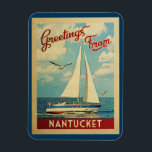 Nantucket Sailboat Vintage Travel Massachusetts Magnet<br><div class="desc">This Greetings From Nantucket Massachusetts vintage travel nautical design features a boat sailing on the water with seagulls and a blue sky filled with gorgeous puffy white clouds.</div>