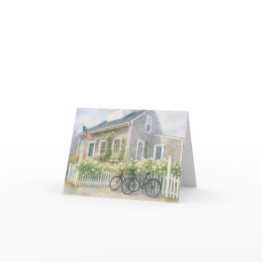 Nantucket Watercolor Coastal Cottage with Flowers  Thank You Card