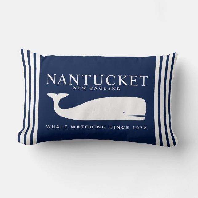 Nantucket Whale Watching – White and Navy Blue Lumbar Pillow (Front)