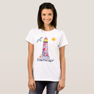 Nantucket with a Red Striped Watercolor Lighthouse T-Shirt
