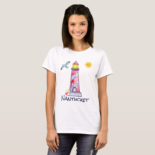 Nantucket with a Red Striped Watercolor Lighthouse T-Shirt (Front Full)