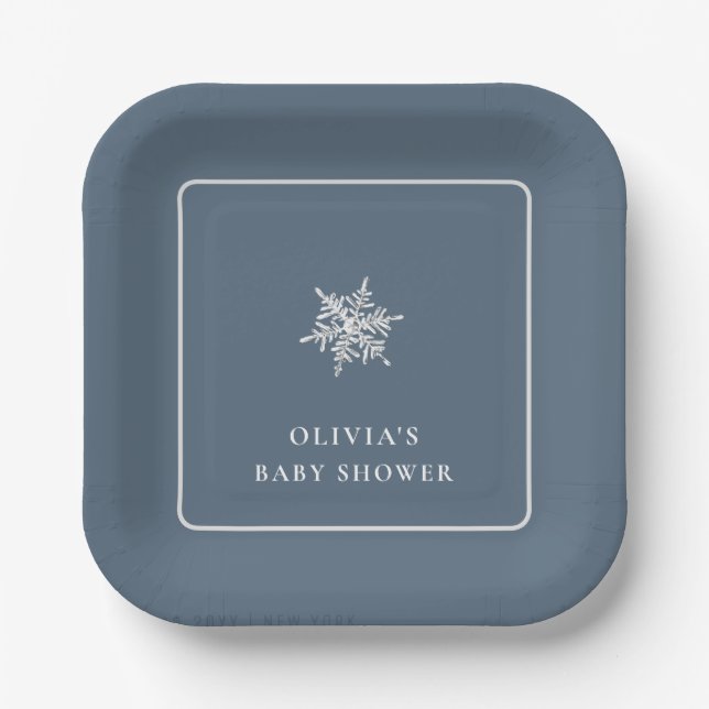 Nany Blue Modern Snowflake Baby Shower  Paper Plates (Front)