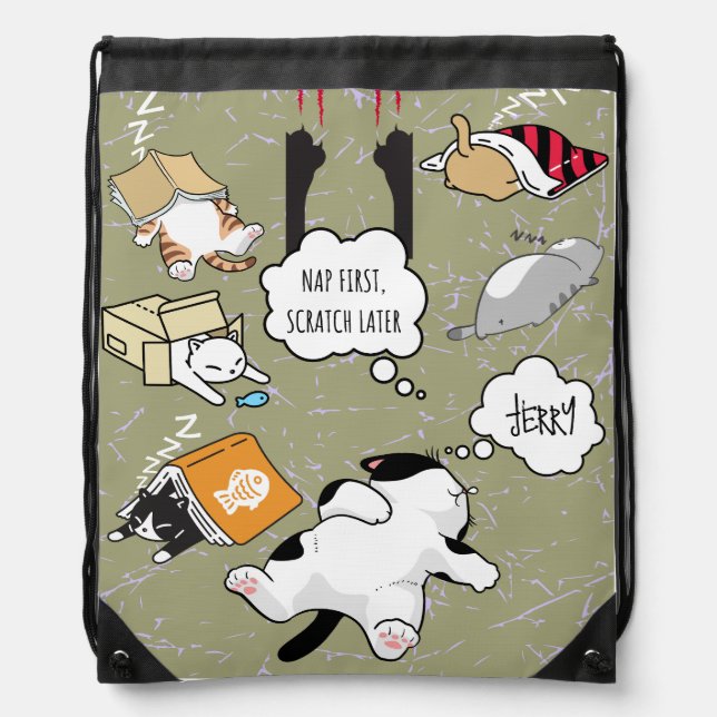"Nap First, Scratch Later" Cute Sleeping Cats Drawstring Bag (Front)
