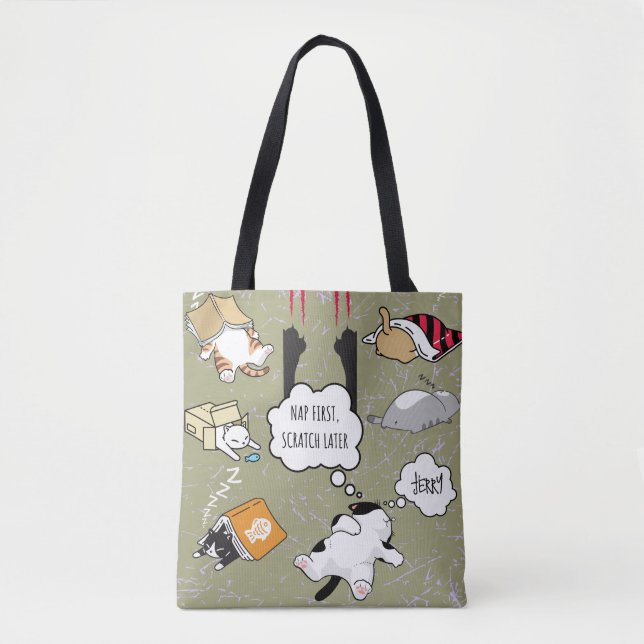 "Nap First, Scratch Later" Cute Sleeping Cats Tote Bag (Front)