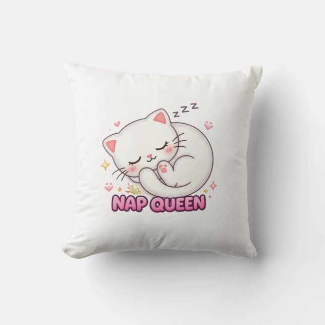 Nap Queen Cat Sticker | Cute Sleeping Cat Throw Pillow (Front)