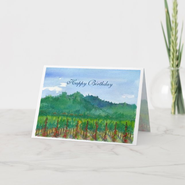 Napa Valley Vineyard Watercolor Happy Birthday Card (Front)