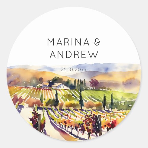 Napa Valley vineyard watercolor wedding Classic Round Sticker