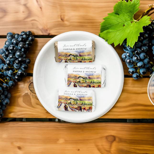 Napa Valley vineyard watercolor wedding favors (Napa Valley vineyard wedding candy favors personalized mini Hershey chocolates edible favors)